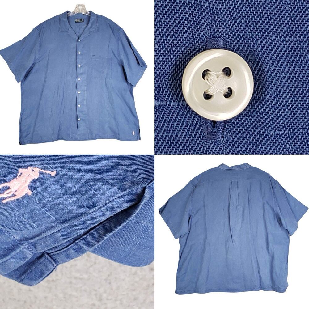 Polo Ralph Lauren Shirt Oxford SS Button Down Blue Mens Size 3XB Linen Silk